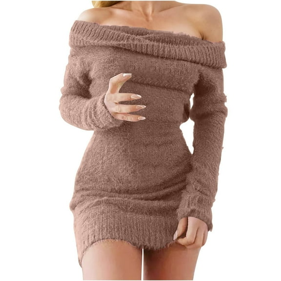 SCSAlgin Womens 2024 Fall Winter Off Shoulder Sexy Bodycon Sweater Dress Long Sleeve Slim Fit Party Club Mini Dresses