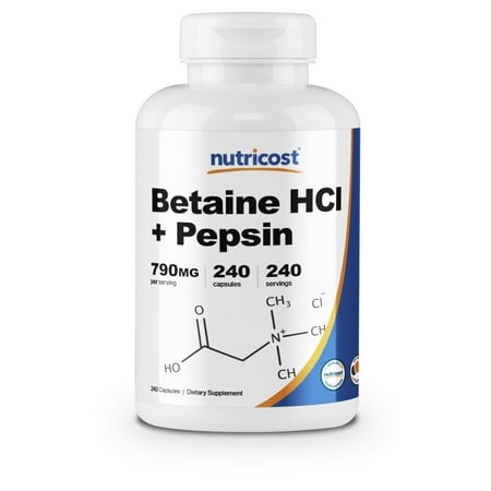 Nutricost Betaine HCl + Pepsin 750mg, 240 Capsules - Gluten Free &