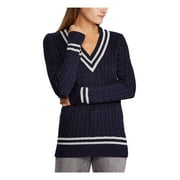 RALPH LAUREN Womens Navy Striped Long Sleeve V Neck Sweater Petites Size: XS