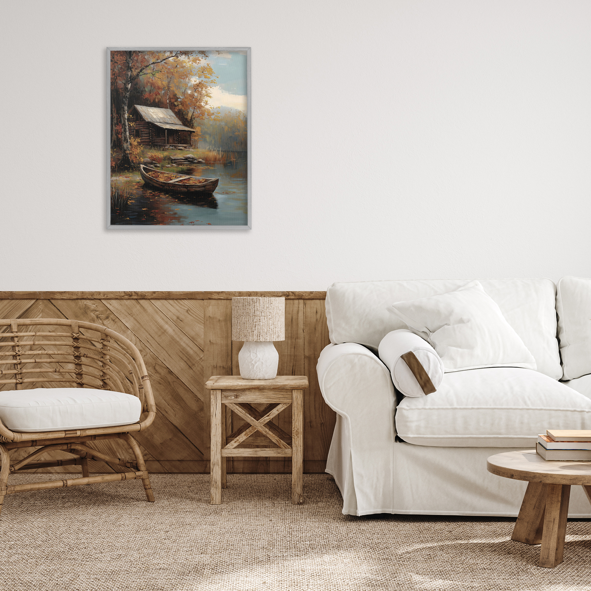 Autumn Cabin Canoe with Leaves Gray Framed Giclee Art, design by Arlington Prints