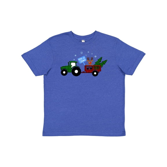 Inktastic Plaid Christmas Tractor With Cute Reindeer Youth T-Shirt