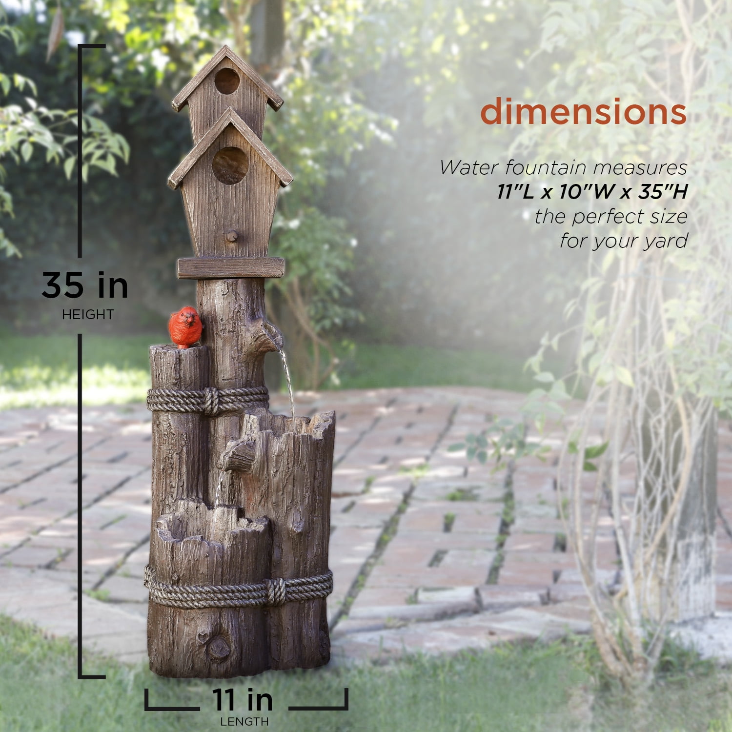 Alpine Corporation WCT1002 35" Tall Outdoor 3-Tier Birdhouse Water Fountain with Cardinal Accent, Rustic Floor Decor for Garden and Patio, Brown