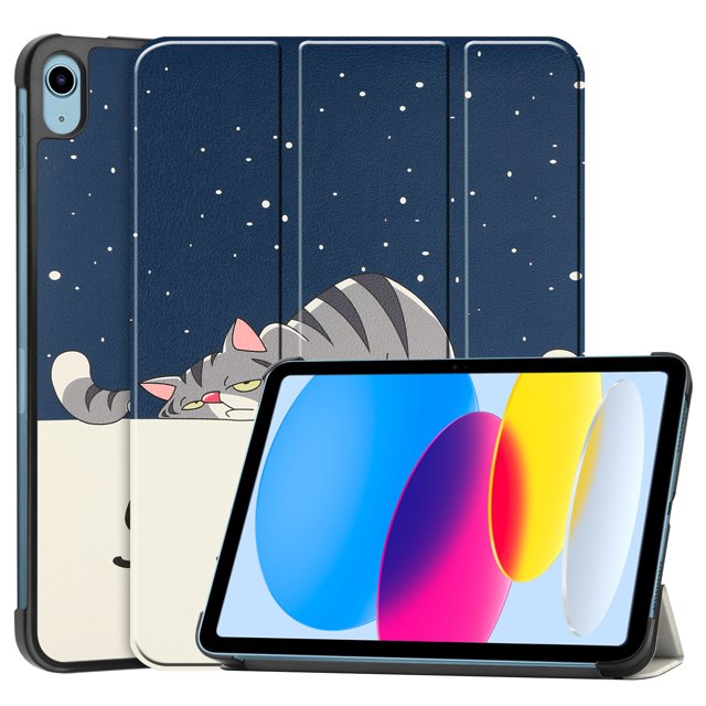 Case for Apple iPad 10th Generation 10.9 Inch Case 2022, PU Leather Thin Slim Lightweight Trifold Shell Corner Protection Smart Folio Cover with Auto Sleep/Wake and Support Pencil Holder, Cute Cat