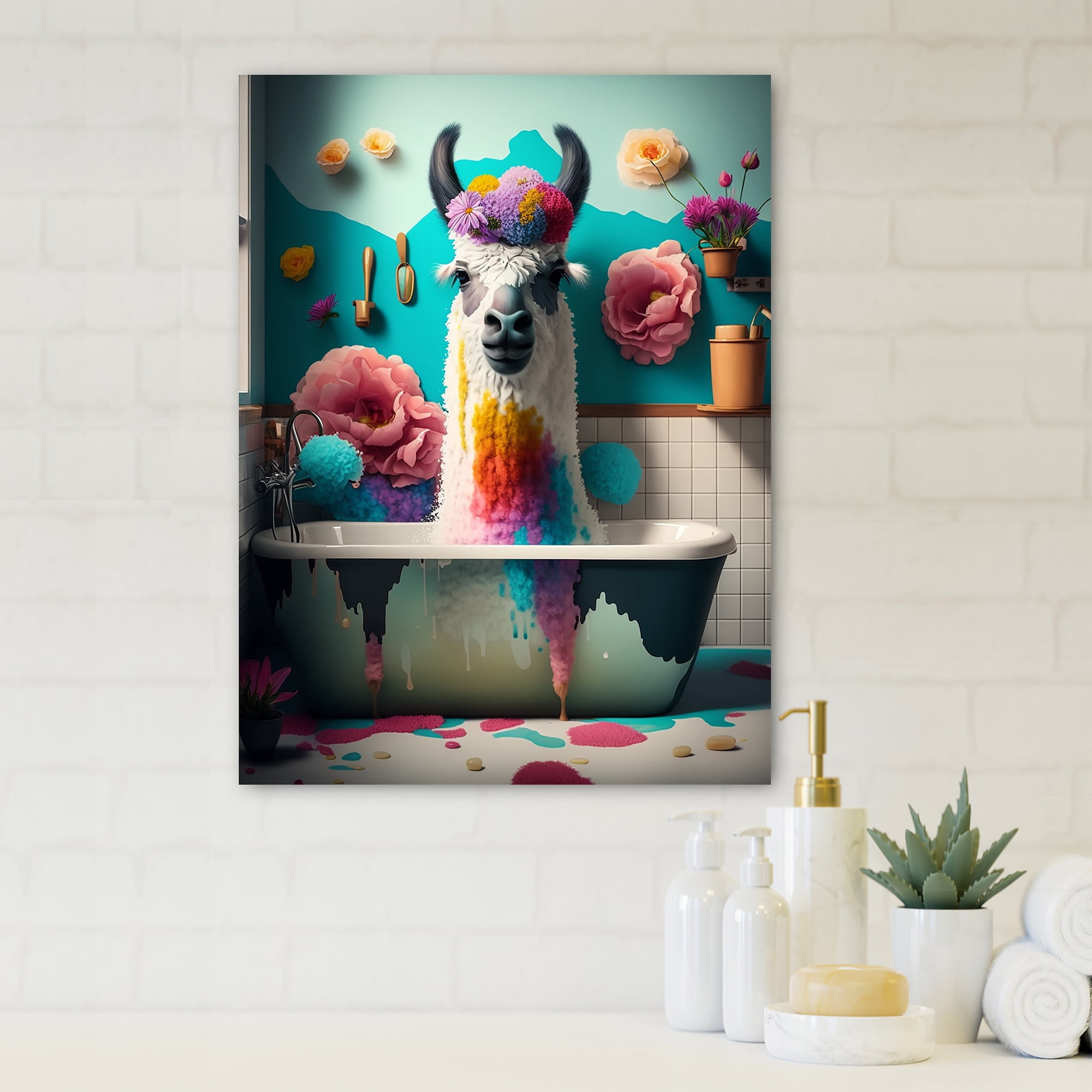 Designart Funny Llama In The Bath I Canvas Wall Art