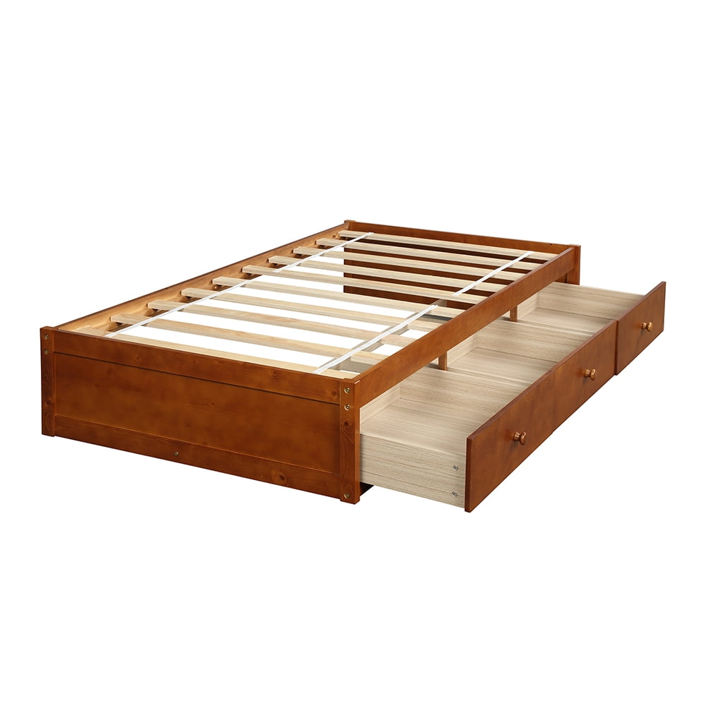 Private Jungle Solid Wood Twin Size Bed with Storage, Platform Bed with 3 Drawers-Oak