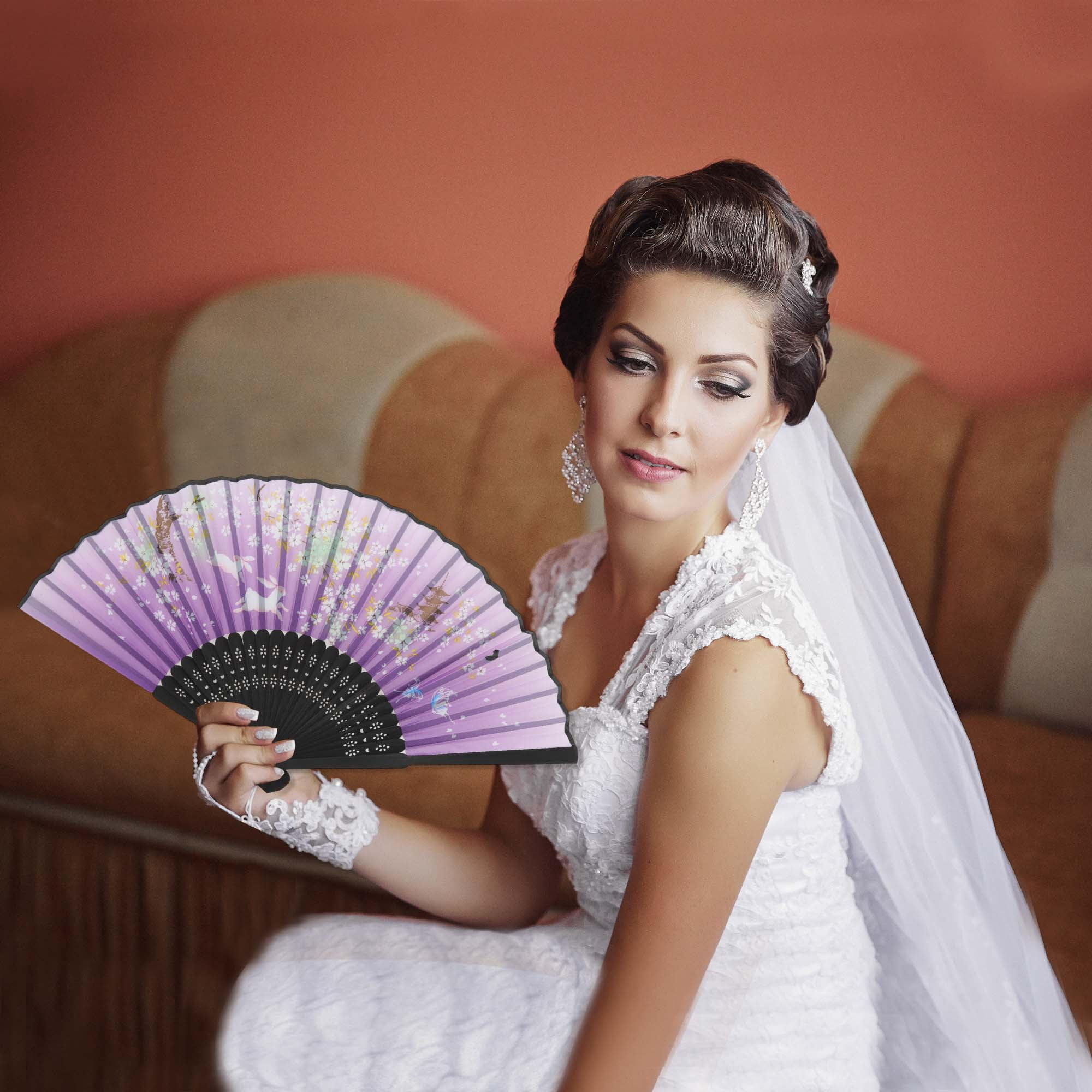 Unique Bargains Ancient Style Folding Fan 1Pc Purple [Flower in Mirror Moon in Water]