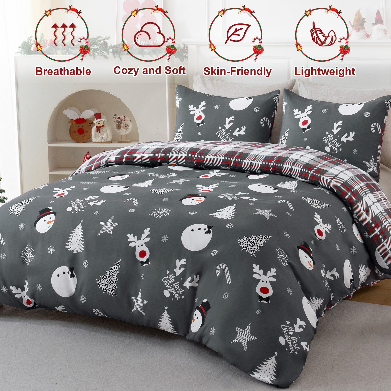 BLEUM CADE Christmas Duvet Cover Set Snowman Plaid 3 Piece Bedding Set for Double Bed 1 Duvet Cover, 2 Pillow Cover