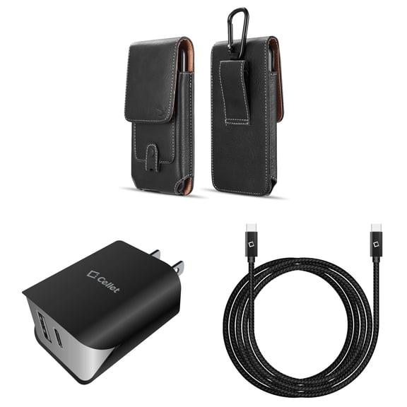 Holster and Wall Charger Bundle for Schok Freedom Turbo XL 2022: Vertical Magnetic Belt Pouch Case (Black) and UL Certified 18W Dual USB Port (Type-C & USB-A) Power Adapter