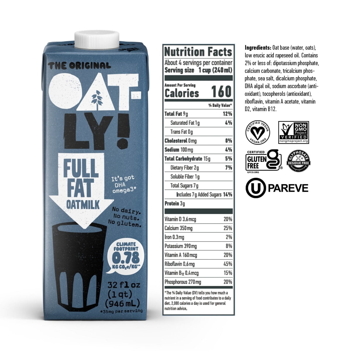 (3 pack) Oatly Full Fat Oatmilk, Ambient Dairy-Free Milk, 32 fl oz Shelf-Stable Carton