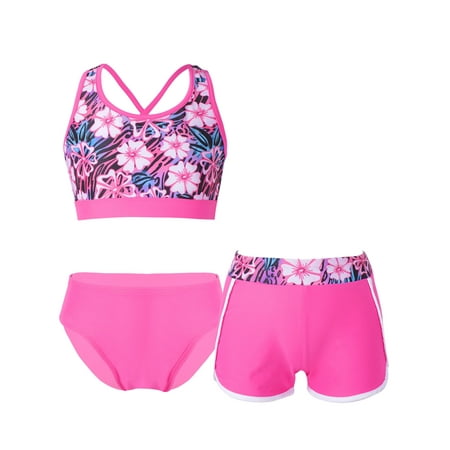 DPOIS Girls Print 3 Piece Swimsuits Bikini Sets with Boyshorts Tankini Bathing Suit Rose Red 10