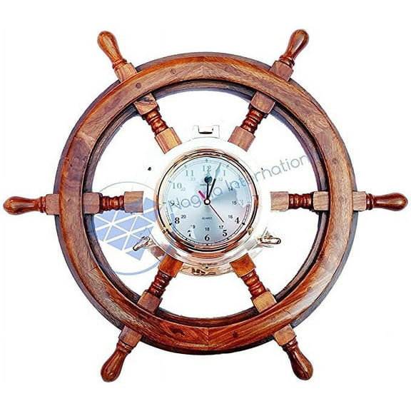 Wooden Ship Wheel - Mounted Jhanjhat Solid Brass Porthole Clock (Silver Gradient Numeric Dial) - (36 Inches)