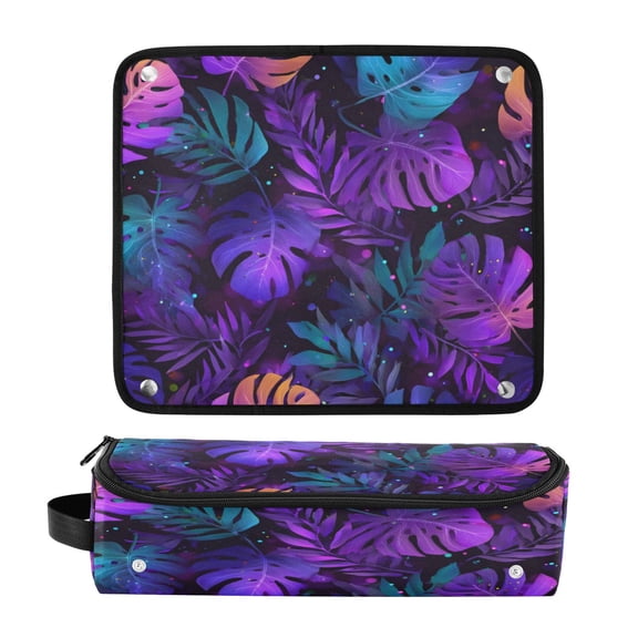Hair Tool Organizer Bag with Heat Resistant Mat Removable Travel Storage Case for Hot Air Brushes Curling Irons Neon Palm Leaves Pattern