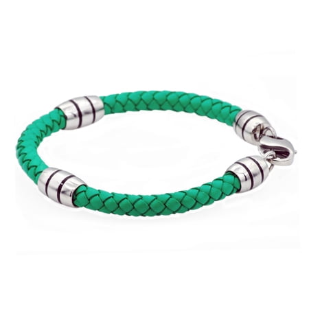 Arista Men's Fashionable Bracelet in Green Leather & Solid Stainless Steel, 8.5"