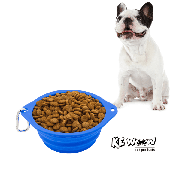 Kewoow Silicone Bowl collapsable Dog & Cat, puppies.Foldable with a carabiner/clip, Travel expandable pet dish for water or food, Small-medium-Large sized pets 28.74 fl oz/ 4 us cup. Blue