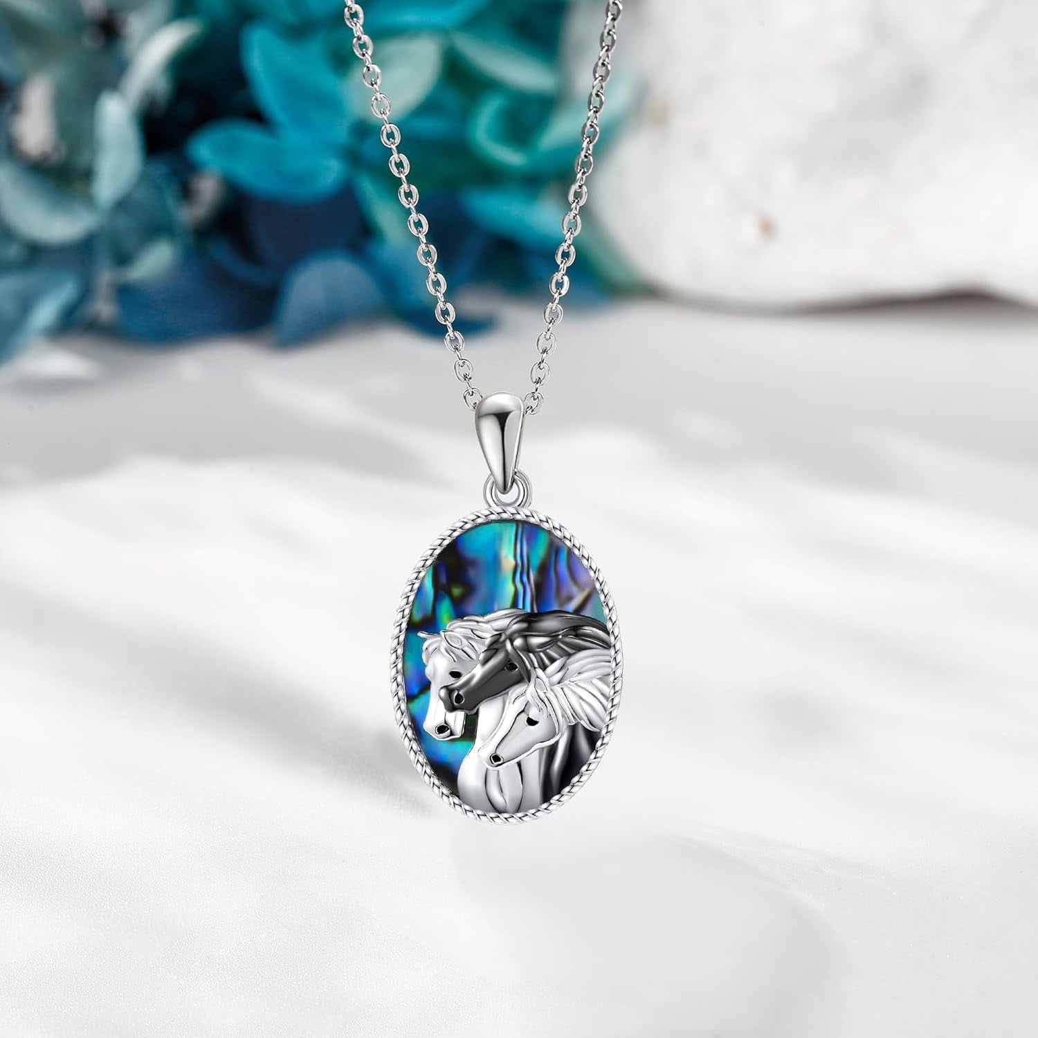 Sterling Silver Horse Pendant Necklace with Abalone Shell for Women, Animal Jewelry, Equestrian Gift for Her