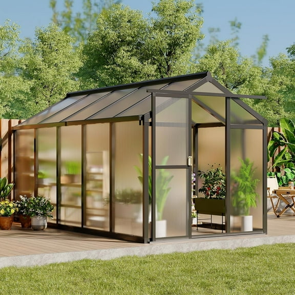 Senfot 6 x 10ft Walk-in Greenhouse for Outdoors Aluminum Frame Polycarbonate Panels Roof Vent Rain Gutter Sliding Lockable Door Easy Setup Black