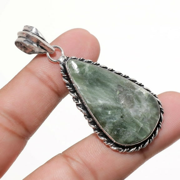 Seraphinite Pear Gemstone Pendant Handmade Antique Design Jewelry 2.40" FP 1169