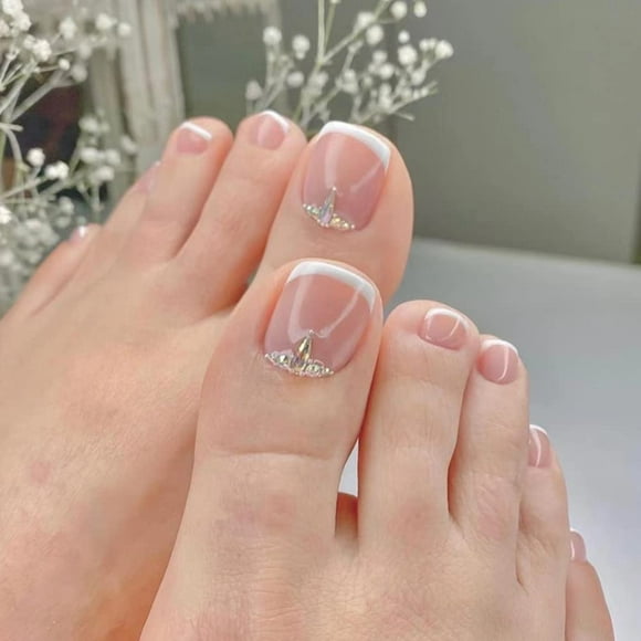 Press on Toenails Short Fake Toe Nails Press on Square Toe Acrylic Nails for Toes Press on Nails White French Tip Toe Nails Glue on Natural with Rhinestones Fake Nails for Toes in 24 PCS