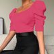 thumbnail image 3 of Camiseta informal de manga abombada con cuello redondo para mujer, camiseta ajustada acanalada de Color puro, Top rosa rojo XL, 3 of 7