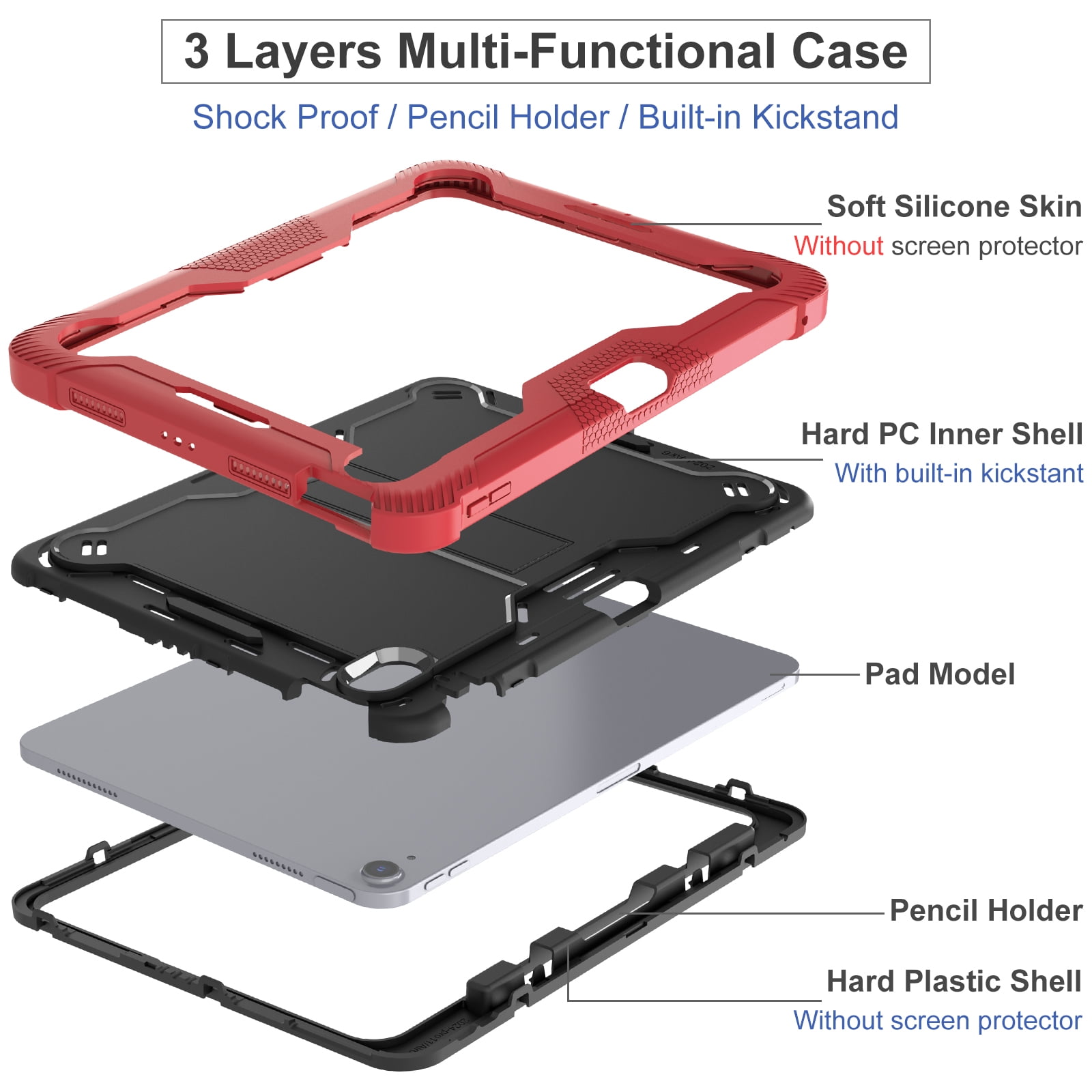 Allytechgroup Rugged Case for Apple iPad Air 11 M4 M3 M2 2026 2025 2024, Dual-Layers Kickstand Anti-Scratch Bumper With Pencil Holder Lightweight Kids Friendly Case Cover for iPad Air 11", Red