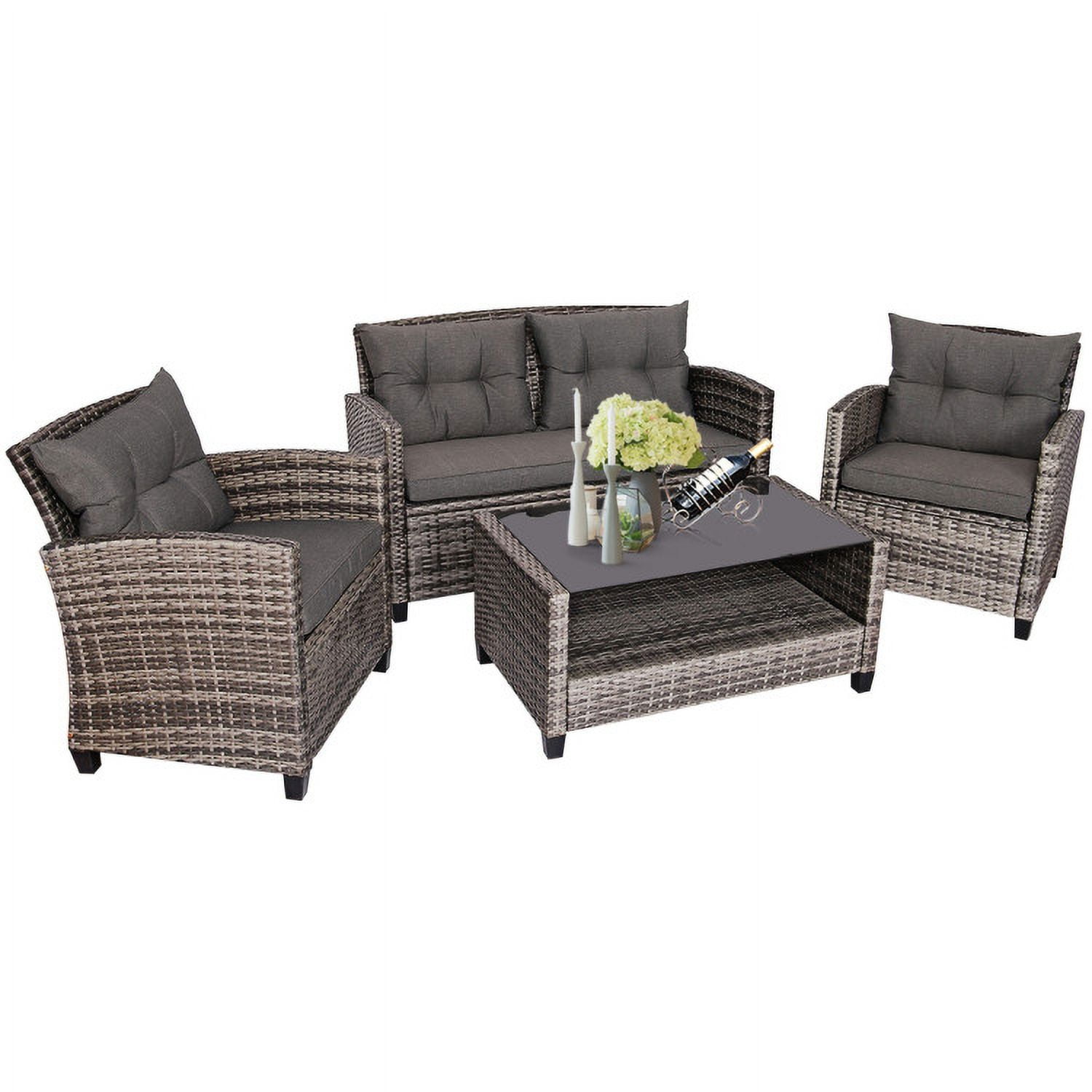 Aimee Lii 4 Pieces Wicker Patio Furniture Set, Coffee Table Cushioned Sofa, Modern Patio Furniture, Gray