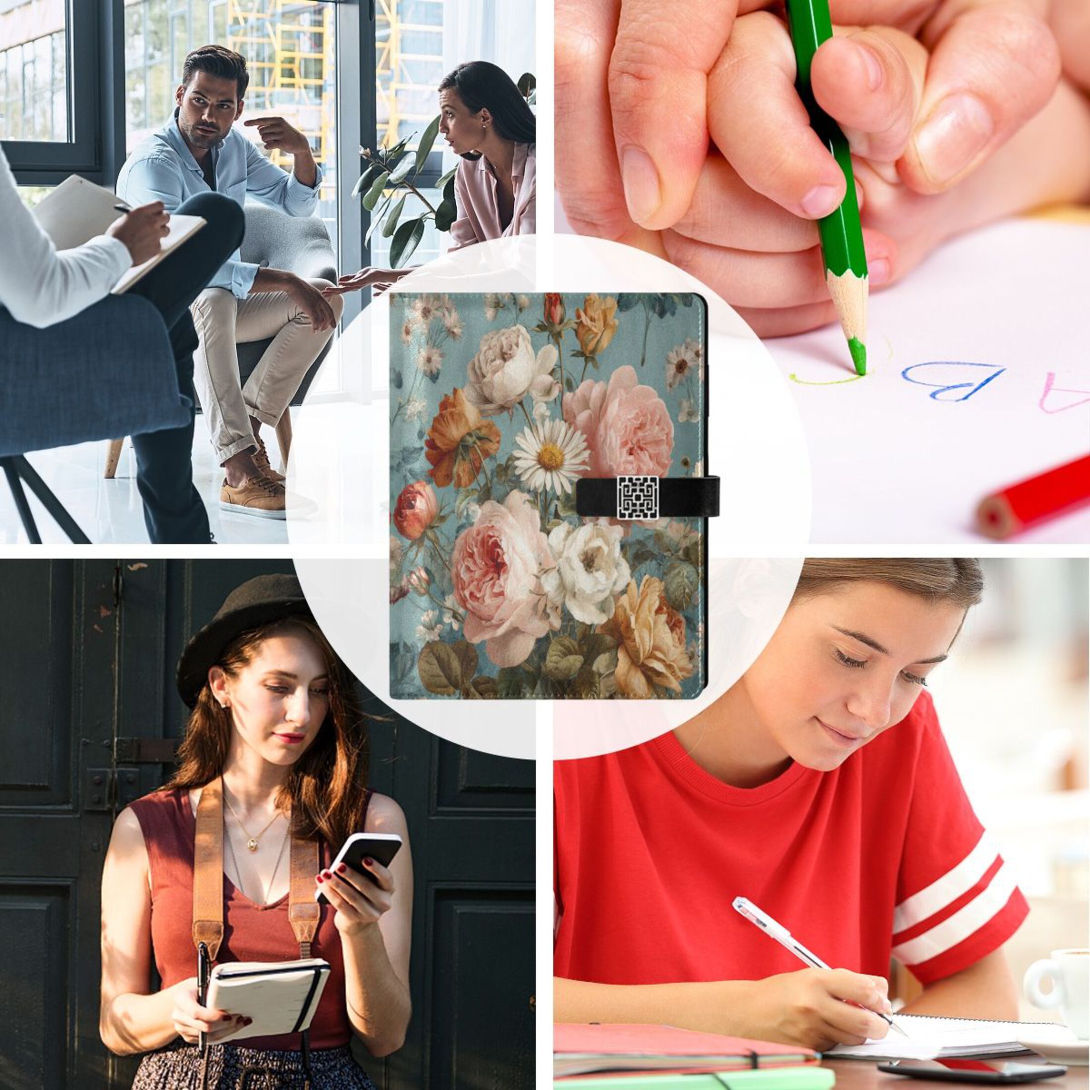 9.2x6.7 inch Leather Notebook 100 Sheets, Multi-Pocket Design & Pen Loop Vintage Roses and Peonies Refillable Journal Organizer