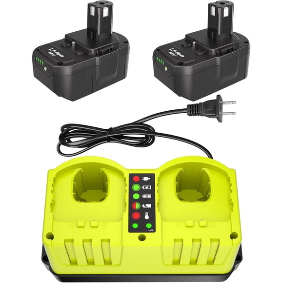 Batería de 18v y Charger, Paquete de 2 Reemplazo de 7.0Ah para Baterías Ryobi de 18v y Combo Charger de 2 Puertos P117 Compatible para Batería Ryobi ONE+ P100 P102 P103 P105 P107 P108 P118