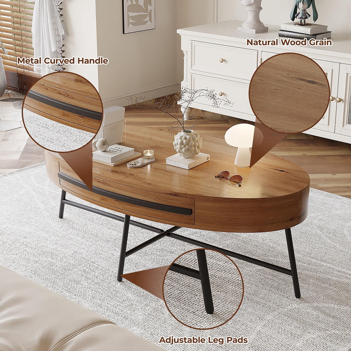 Danolapsi Oval Coffee Table with Drawer Mid-Century Modern Center