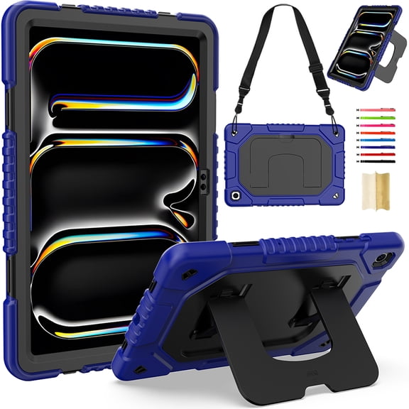 Rugged Case for Samsung Galaxy Tab A11 11" 2025 / A9 2023, 3-Layer Drop Protective Cover with Shoulder Strap, Silicone PC Heavy Duty Case with Stylus Holder, Built-in Kickstand, Blue