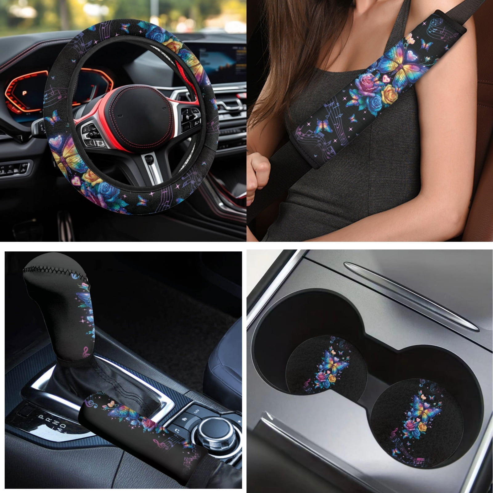 Yuyamidu Colorful Car Seat Cover Full Set of 15 Butterfly Rose Auto Carpet Mats Steering Wheel Cover Seat Belt Covers Car Handbrake Cover Set Coasters