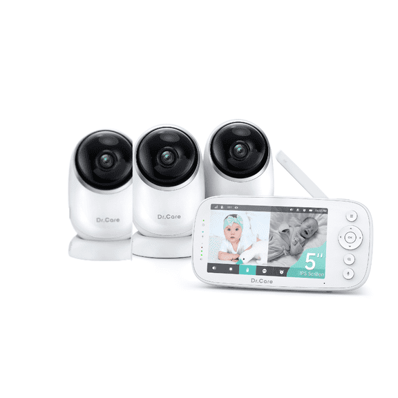 Dr.Care 5" 1080P Split-Screen Video Baby Monitor, Clear Night Vision, 5000mAh Battery, Real-Time/VOX, 2X/4X Zoom, 2-Way Audio, No WiFi Baby Camera