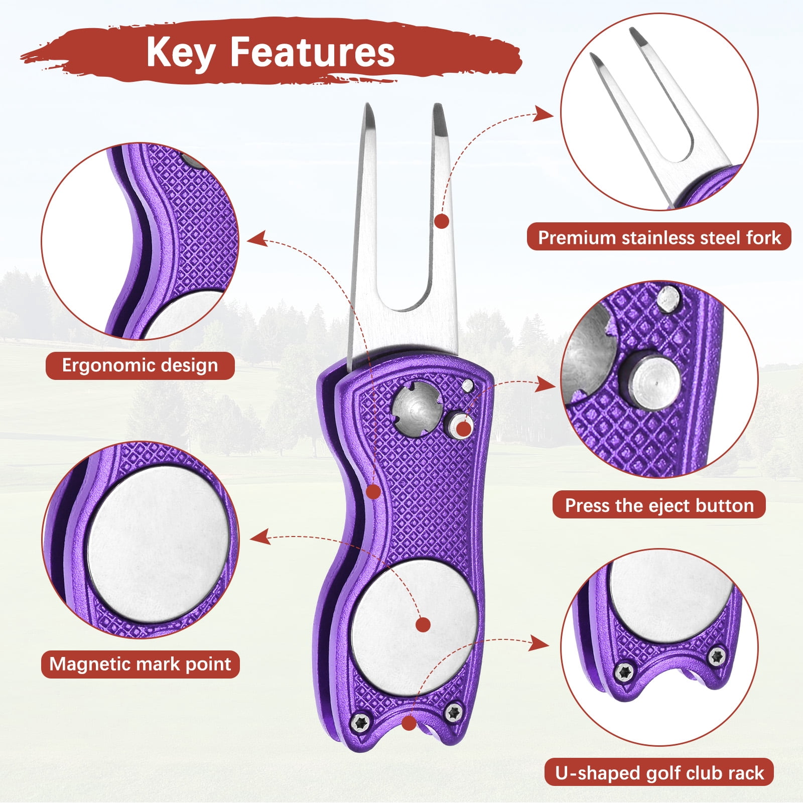 Uxcell Golf Divot Repair Tool [4PCS] - Switch Foldable Divot Tool Rack with Magnetic Ball Marker - [Purple] Green Fork Tines