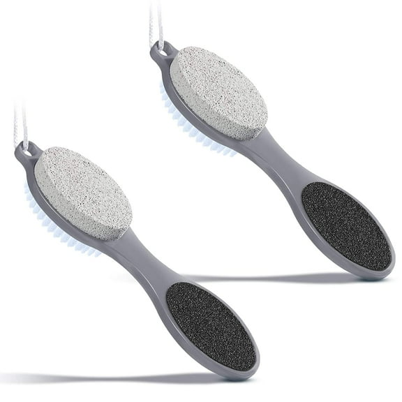 2 Pieces 4 in 1 Pedicure Tool Foot Scrubber Brush Foot File Callus Remover with Foot Rasp, Pumice Stone, Nail Cleaning Brush and Sand Paper for Dry and Wet Foot Care Dead Skin Remover (Gray)