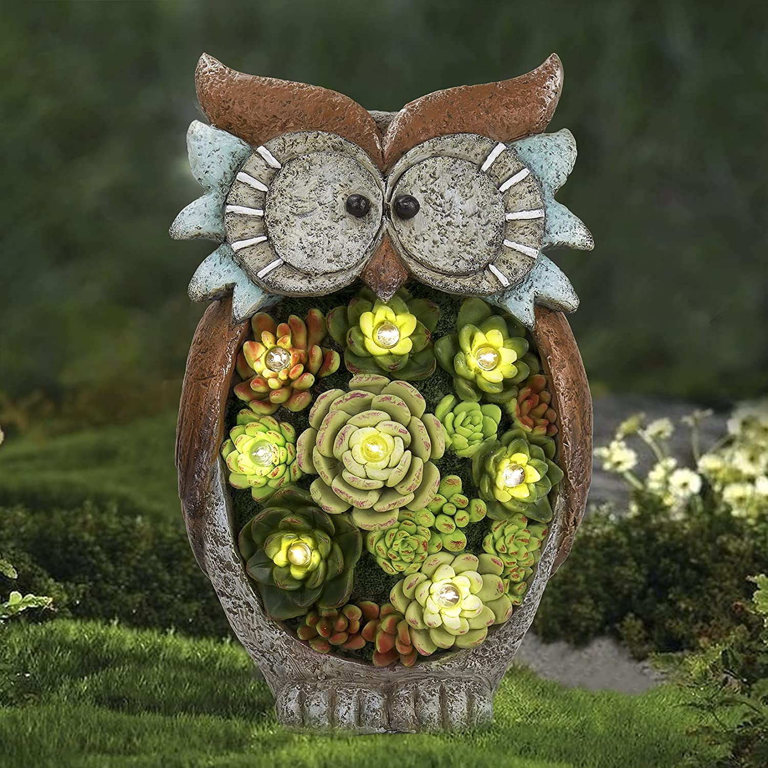Solar Powered Polyresin Owl 7 LED Lights Garden Patio Lawn 