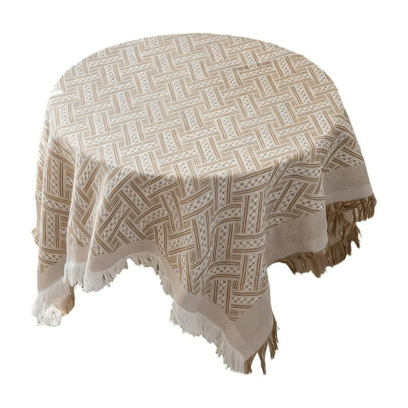 Embroidered Tablecloth Stripe Woven Boho Linen Table Cloth Washable Table Cover for End Bedside Tea Trolley Picnic (Khaki)