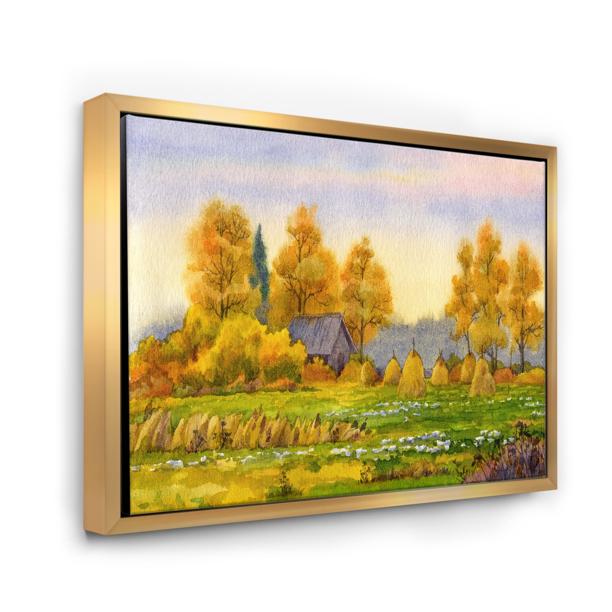 Orange Fields With Haystacks II 32 in x 16 in Framed Painting Canvas Art Print, by Designart