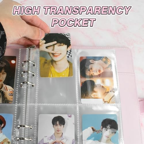 A5 Kpop Photocard Binder, 6 Ring Binder Album with 200 Card Slots, PU Leather Binder Cover with Magnetic Buckle Closure for Organizing Trading Cards - Pink