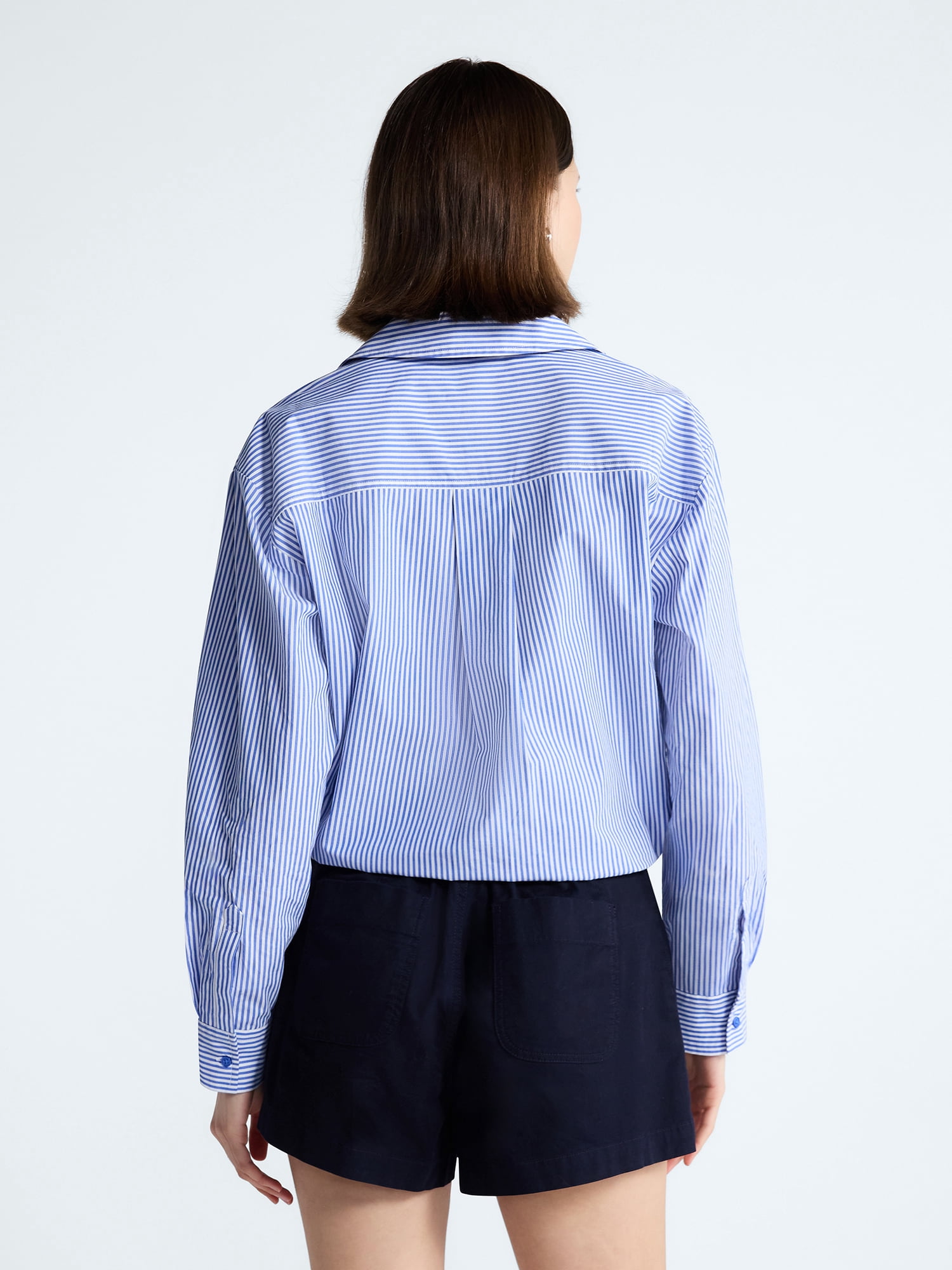 Free Assembly Women's and Women's Plus Cotton Poplin Tie Waist Shirt with Long Sleeves, Sizes XS-4X