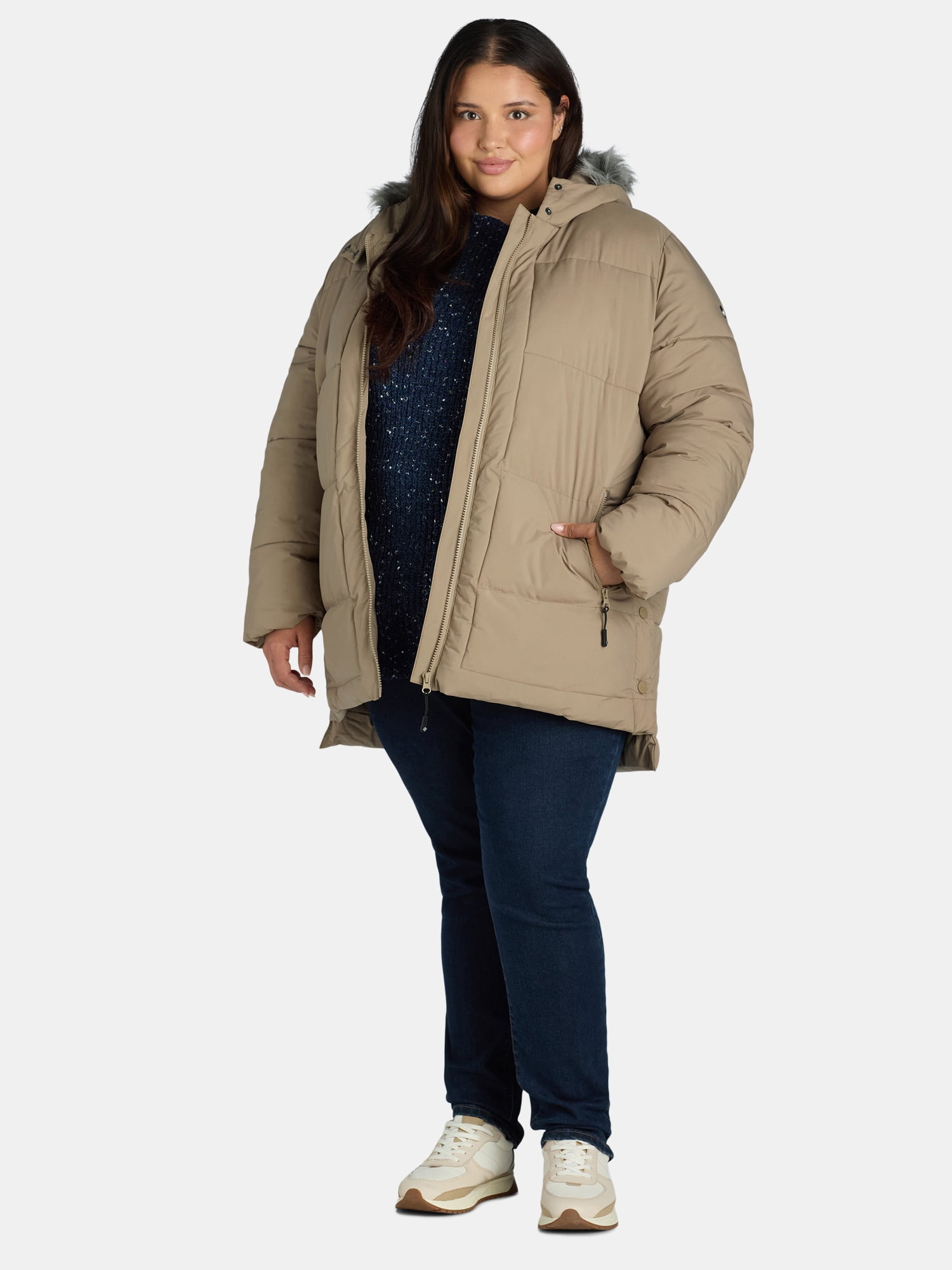 Big Chill Women's and Women's Plus Wide Quilted Puffer Coat with Faux Fur Trim Hood, Sizes S-3X