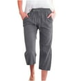 thumbnail image 1 of Women Casual Capris Straight Leg Drawstring Elastic Waist Linen Pants with Pockets, 1 of 5