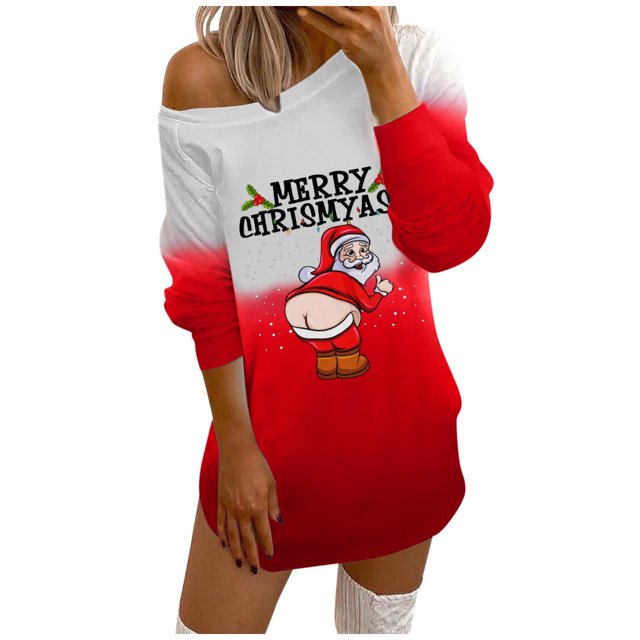 Vestidos Navideños Para Mujer Fuera Del Hombro Vestido Informal de Manga Larga Con Estampado Navideño de Girasol Y Otoño Odeerbi ODB203626