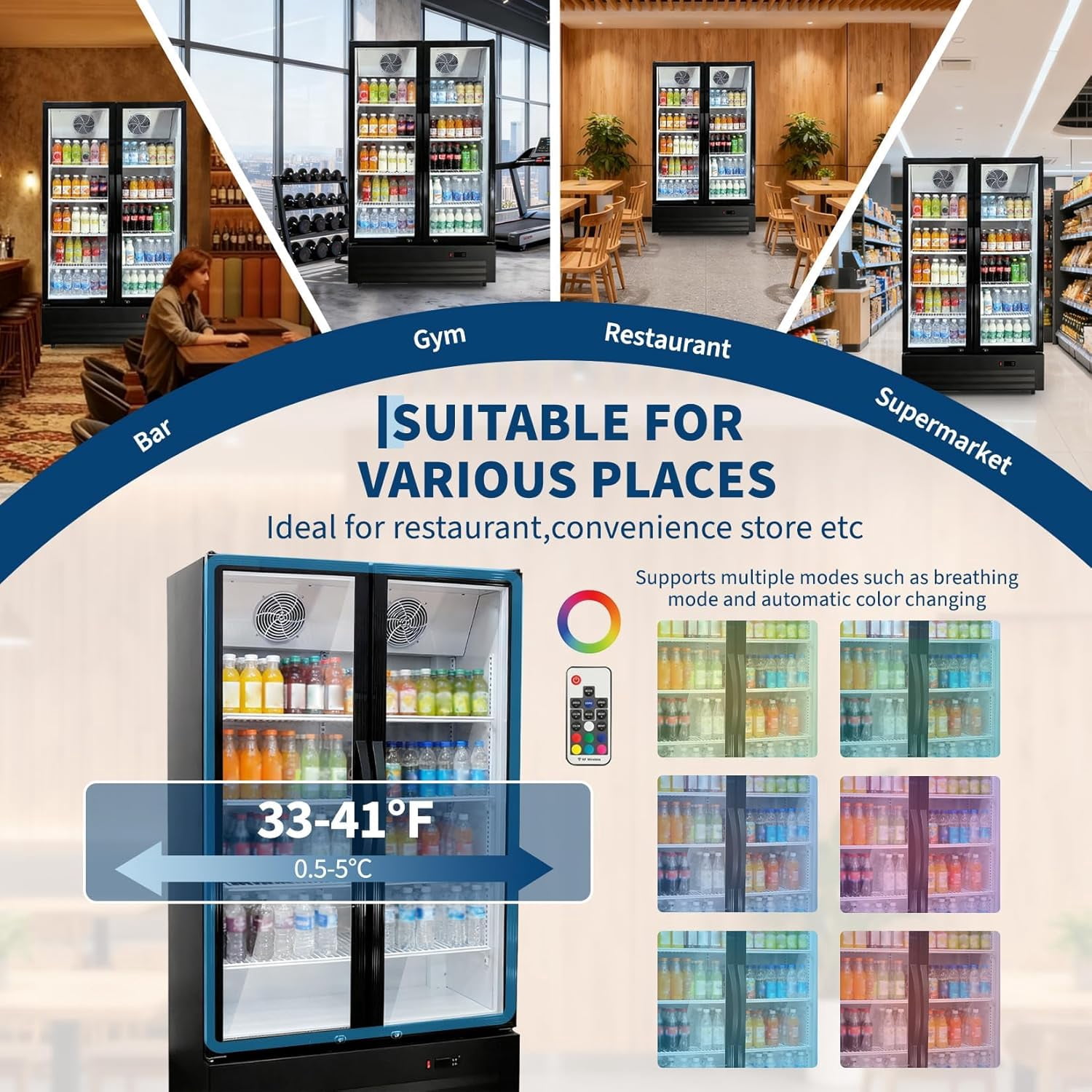 GlowSol 32.5 Cu. Ft. Commercial Beverage Fridge – Double Glass Door Display Refrigerator featuring 8 Adjustable Shelves and a Frost-Free System.
