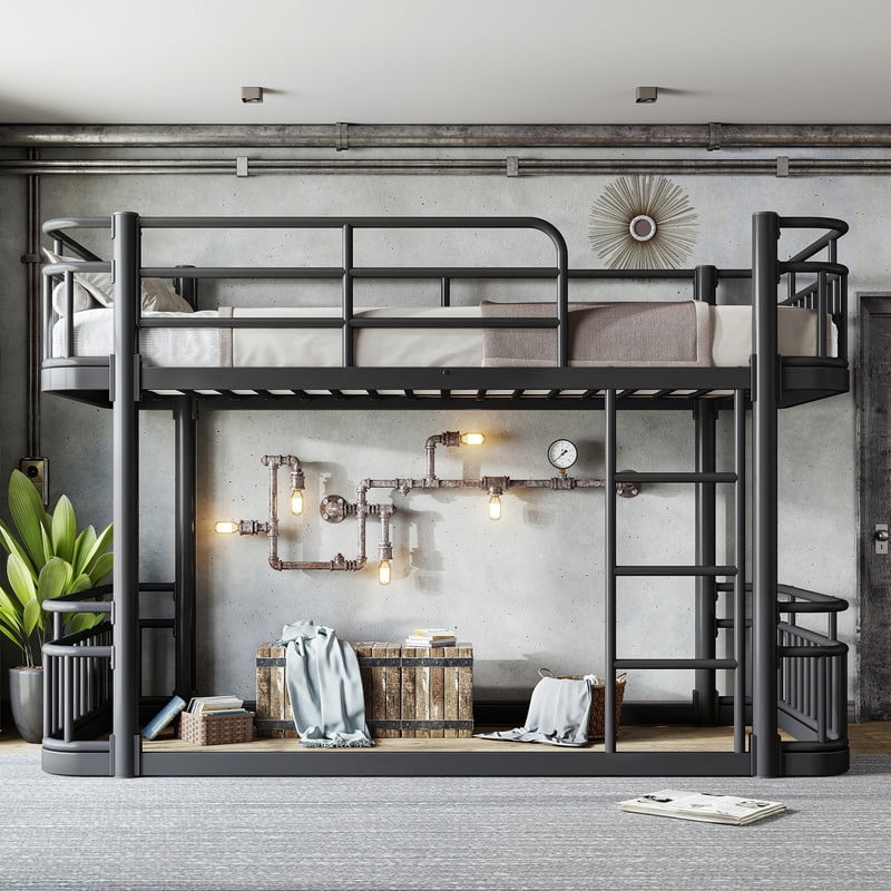 Twin XL over Twin XL Bunk Bed with Built-in Ladder & Safe Guardrails, Curved-Edge Sleek Metal Bed Frame with No Slat Floor Bed