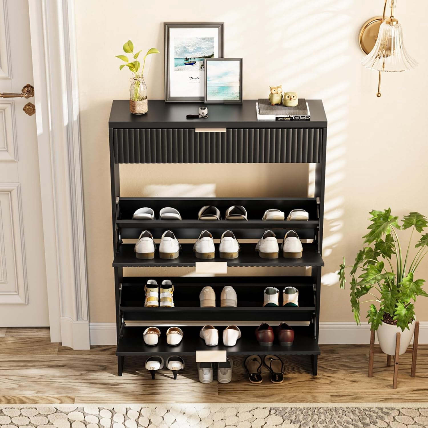 Howcool Fluted Entryway Shoe Cabinet with 2 Flip Drawers, Wood Narrow Freestanding Shoe Storage, Black