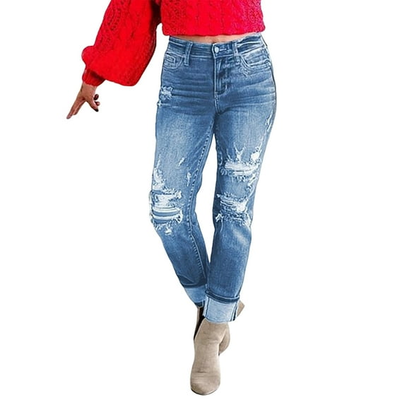 Women'S Ripped Mid Waisted Boyfriend Jeans Loose Fit Distressed Stretchy Denim Pants Blue L