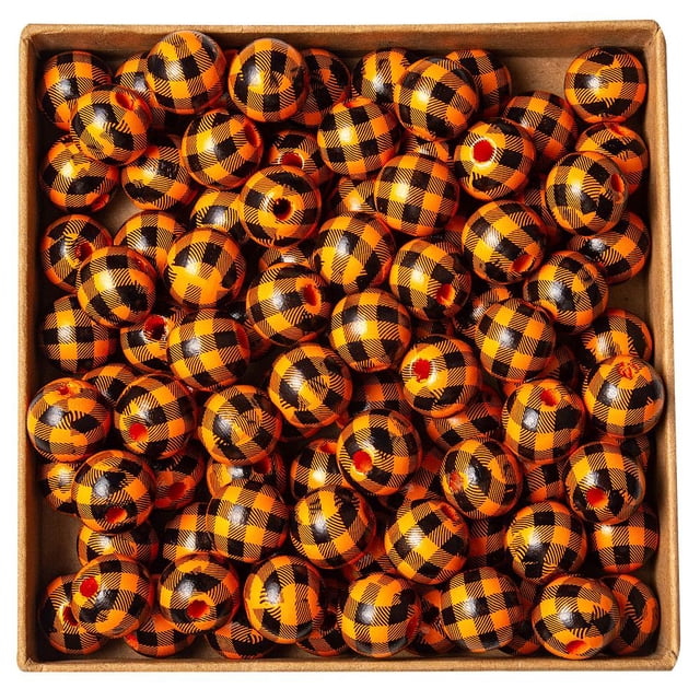 De Cuentas De Madera Para El Día De Acción De Gracias De Halloween, Cuentas De Madera Para Navidad De Otoño, Cuentas De Tela Escocesa De Búfalo De 16Mm, Cuentas De Madera Rústicas 100 Piezas Moyic HA042071-04