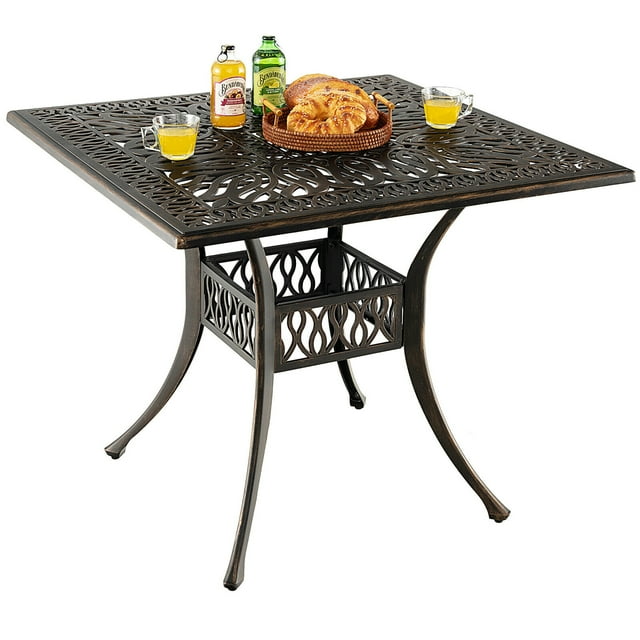 Gymax Table à Manger Carré de Patio 35,4 Pieds' Trou pour Parasol en Aluminium Coulé pour l'Extérieur Toutes Saisons