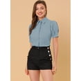 thumbnail image 2 of INSPIRE CHIC Camisa abotonada de oficina de trabajo de algodón con cuello de manga abullonada para mujer Azul polvoriento S, 2 of 6