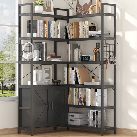 Casendy 71" Corner Bookshelf, 6 Tier Bookcase with Storage Cabinet & Rocks, Adjustable Shape Book Case Display Storage Shelf for Living Room, Black