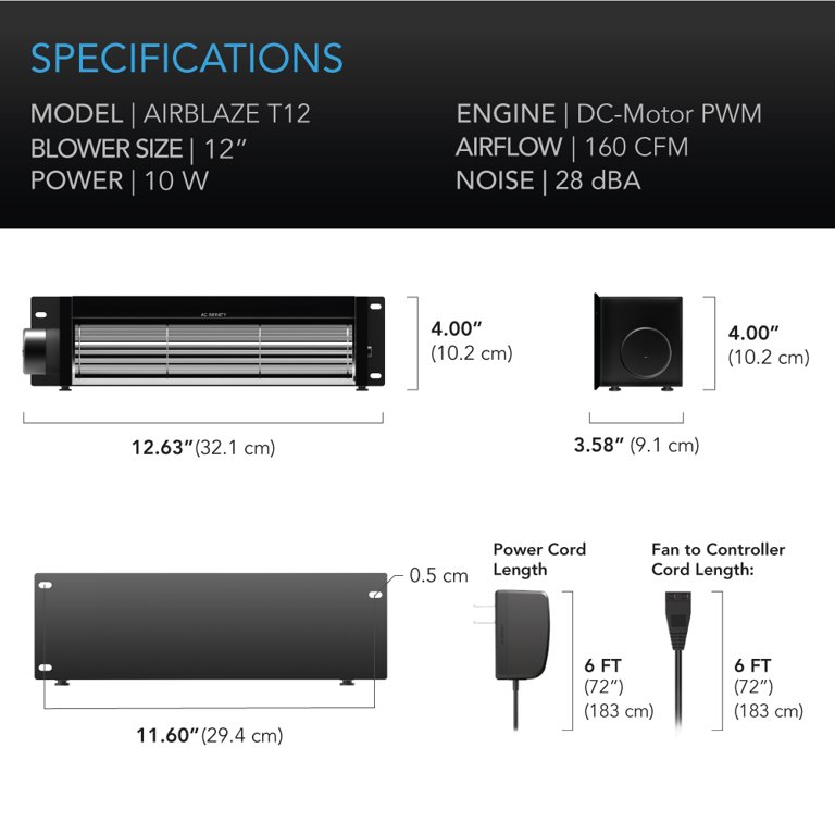 AC Infinity AIRBLAZE T12, Universal Fireplace Blower Fan Kit, with  Temperature and Speed Controller, for Lennox, Hearth Glo, Majestic, Rotom 